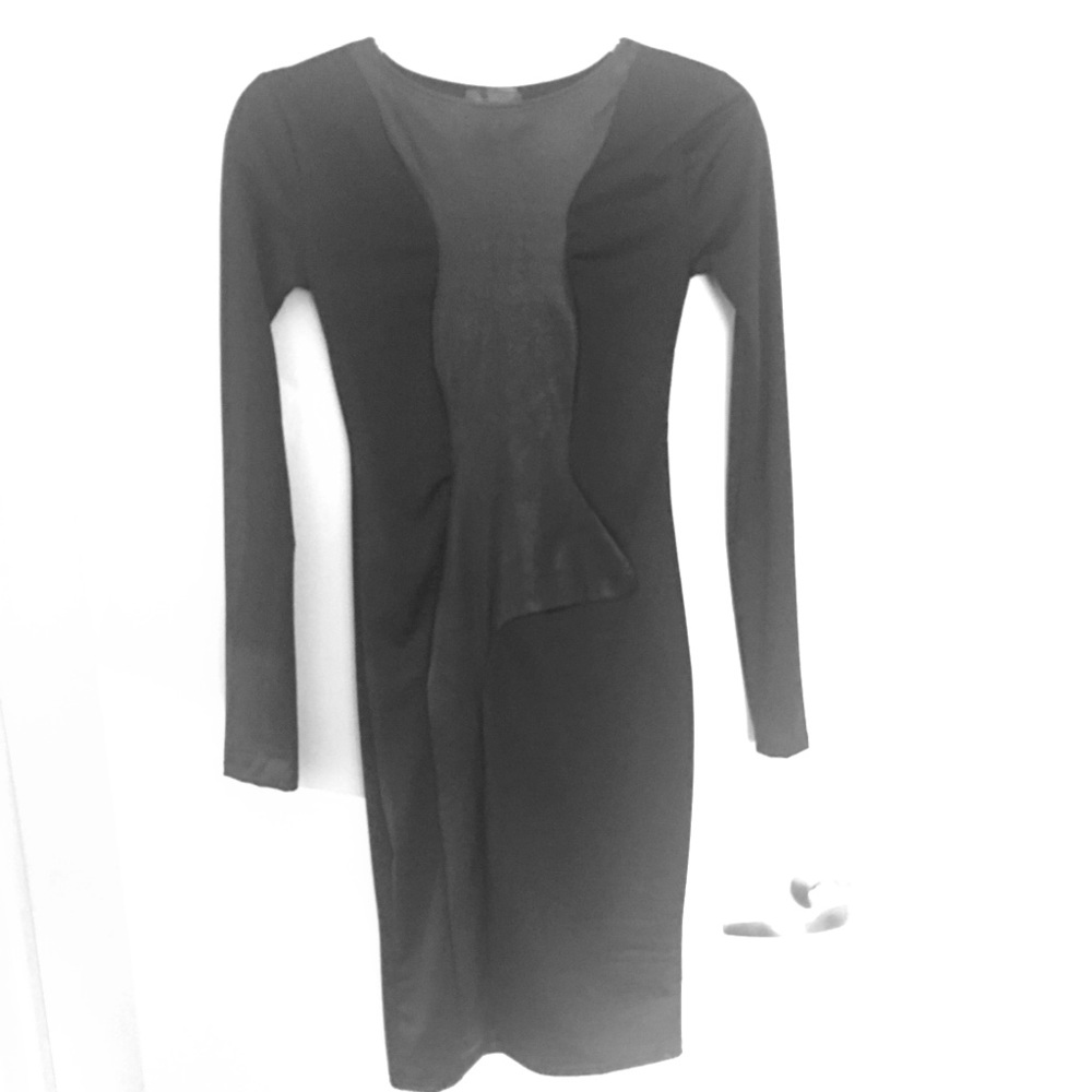 Black Faux Leather Paneled Long Sleeve Midi Dress